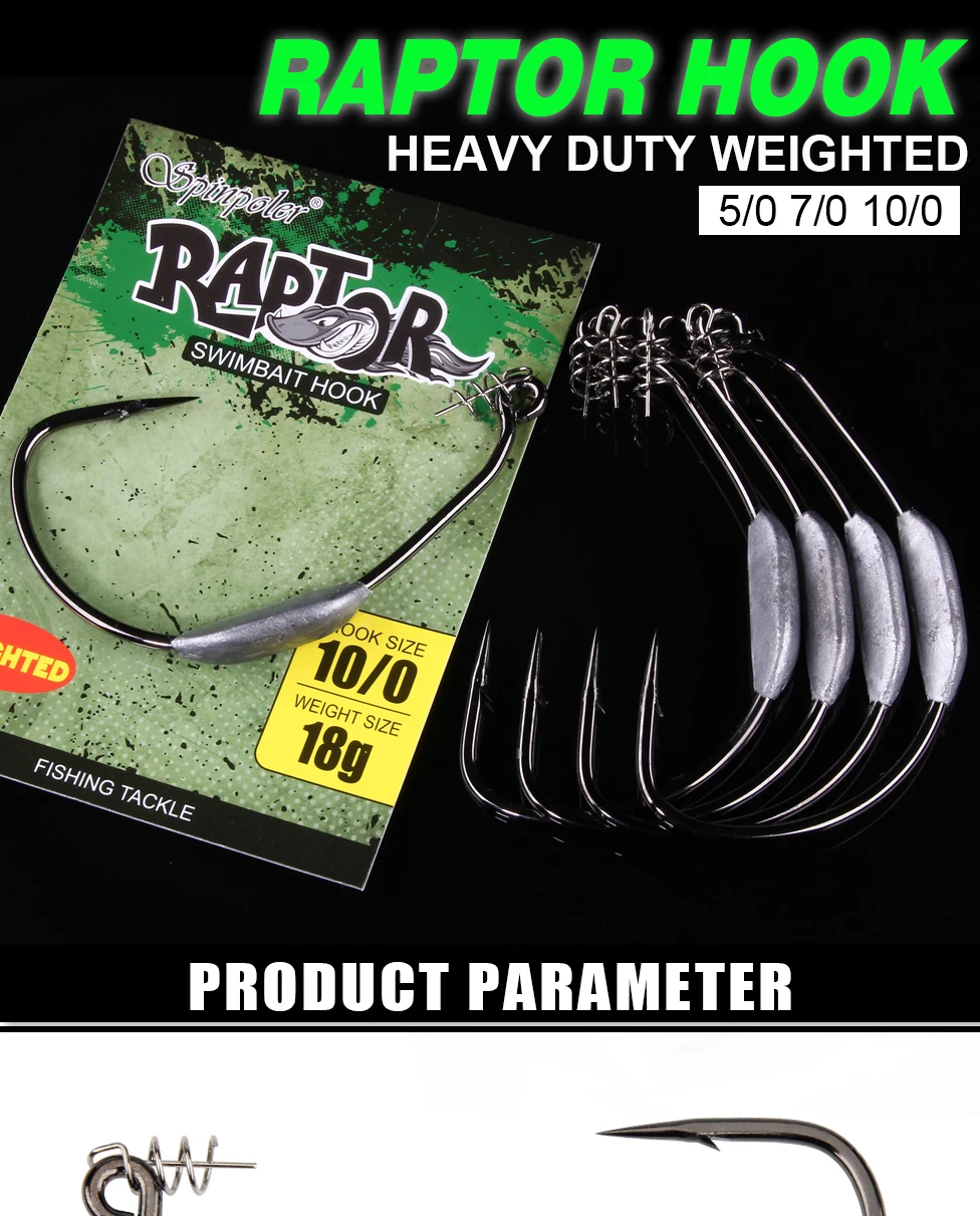 Spinpoler Raptor Weighted Swimbait Hooks 5/0 7/0 10/0 Twistlock Centering Pin Spring High Carbon Steel Weedless Fishing Hooks
