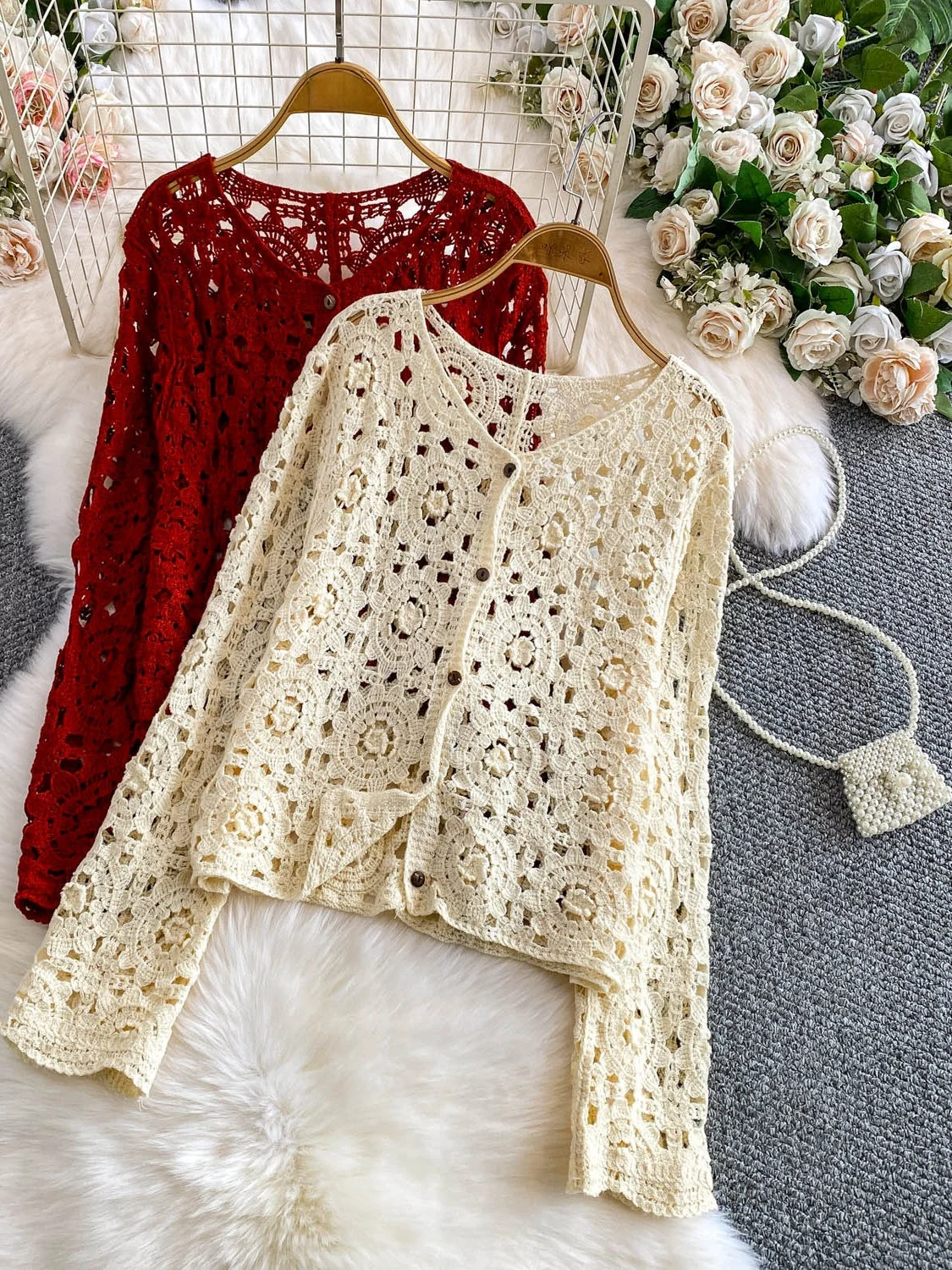 

n Holiday Sle Long Sve Sun Protection Knitted Sweater Women's Outer Loose Slimming Coat Hollow out Flower Hook De...