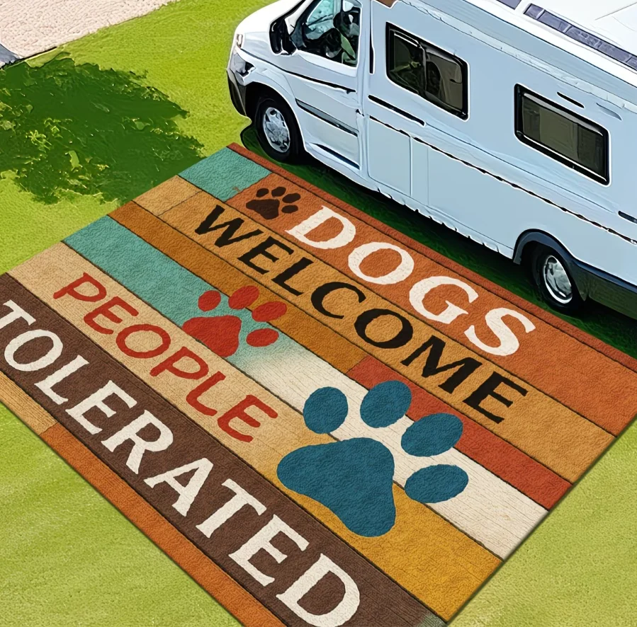 Large Dog Paw Print Mat Mat with Dogs Welcome & People Tolerated Message BeigeBrownTeal Pet-Friendly OutdoorIndoor for RV Mats