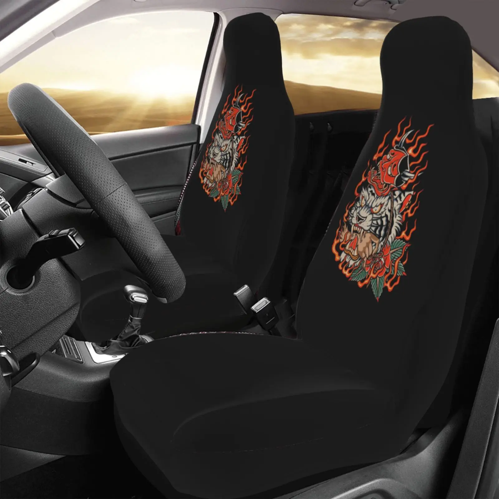 Japanese Tiger Oni Mask Car Seat Cover Anti-Spatter Protection Kit - 2 Sets of Seat Protection Covers