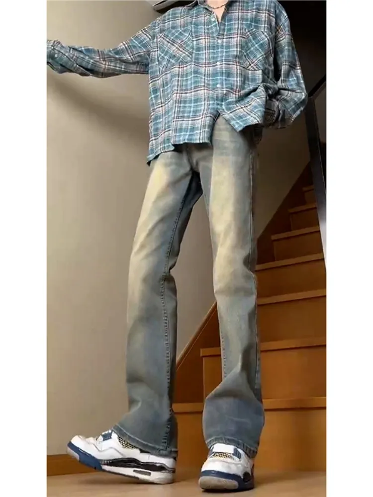 

Light Blue Men's Jeans American Retro Sle Extended Straight High Waist Bell Bot for Tall Guys Spring Autumn Faion