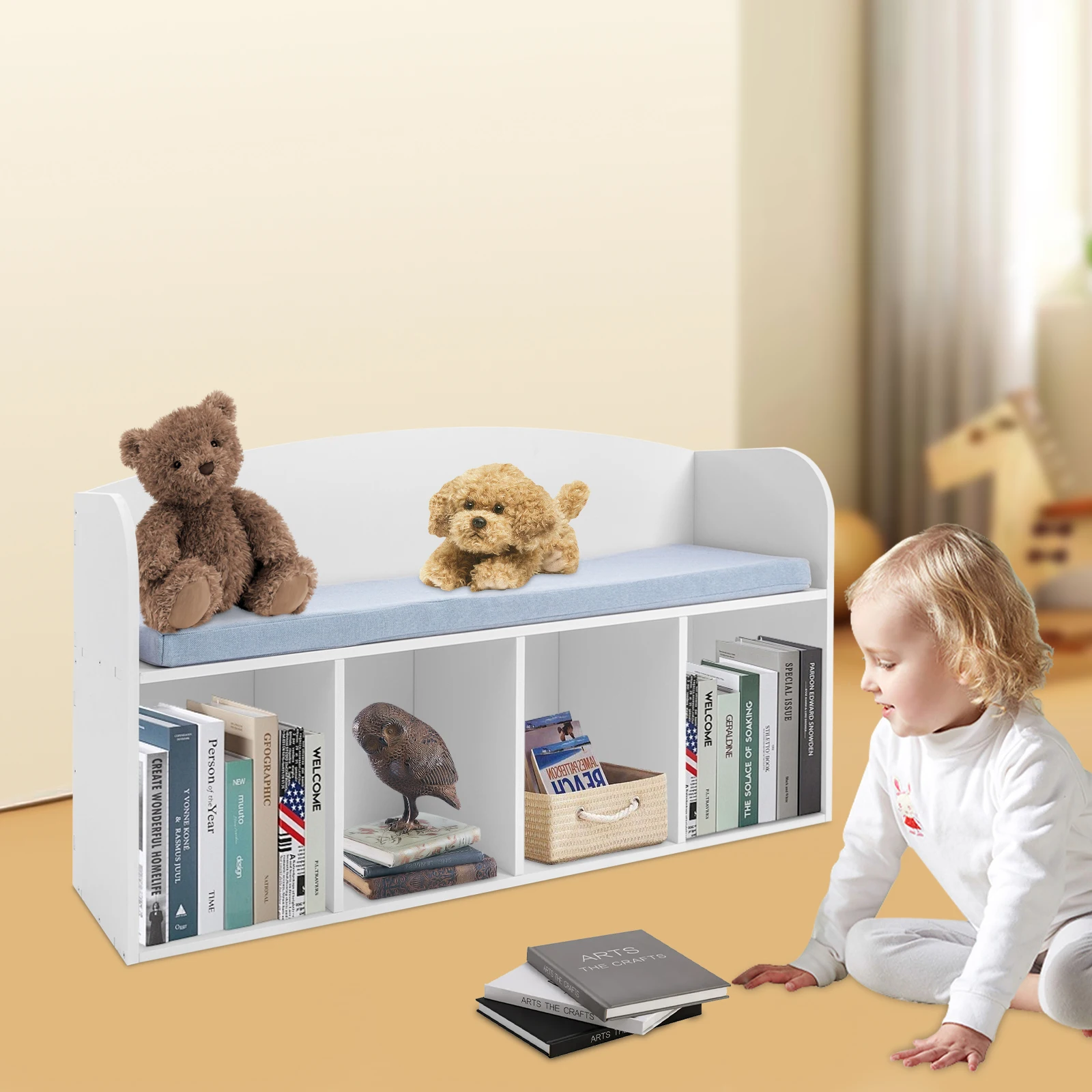 Kids Book Display Case with Soft Cushion, Storage Bench with Book Rack, Low Square Book Cabinet for Living Room Bedroom Decor