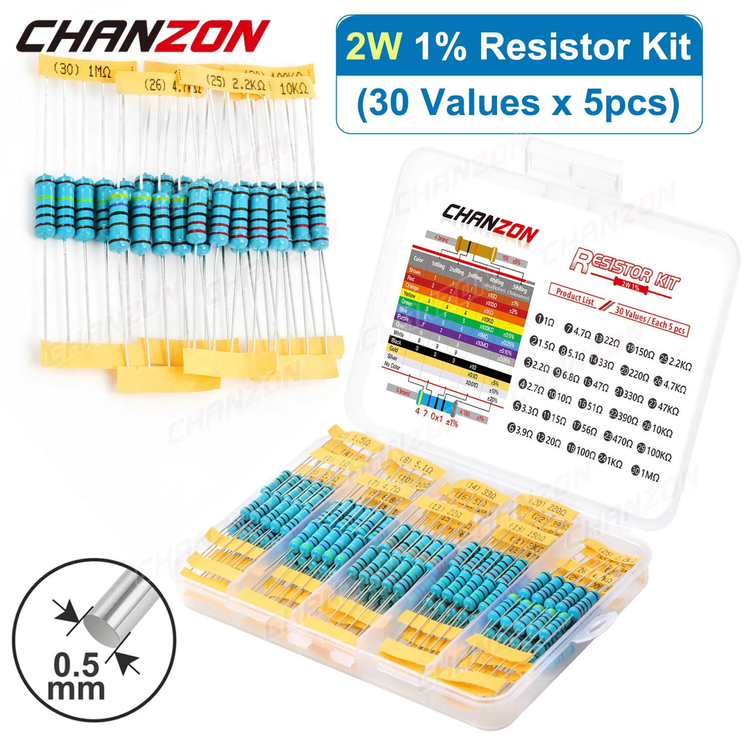 150Pcs/Pack 30 Values 2W 1% High Precision Metal Film Resistors Kit 4.7 10 100 470 1K 4.7K 47K Ohm 2 W Resistance Assortment Set