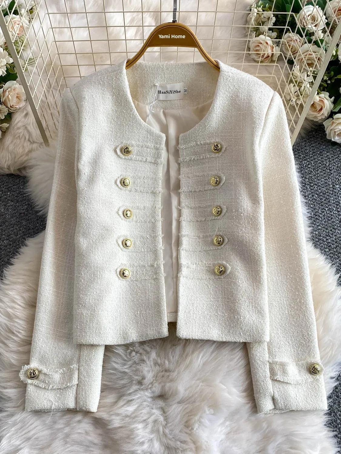 Elegant White Woolen Short Jacket Double Row Buttons Women's Fashionable Lightweight Luxury Name Lady Outerwear Commute Style...