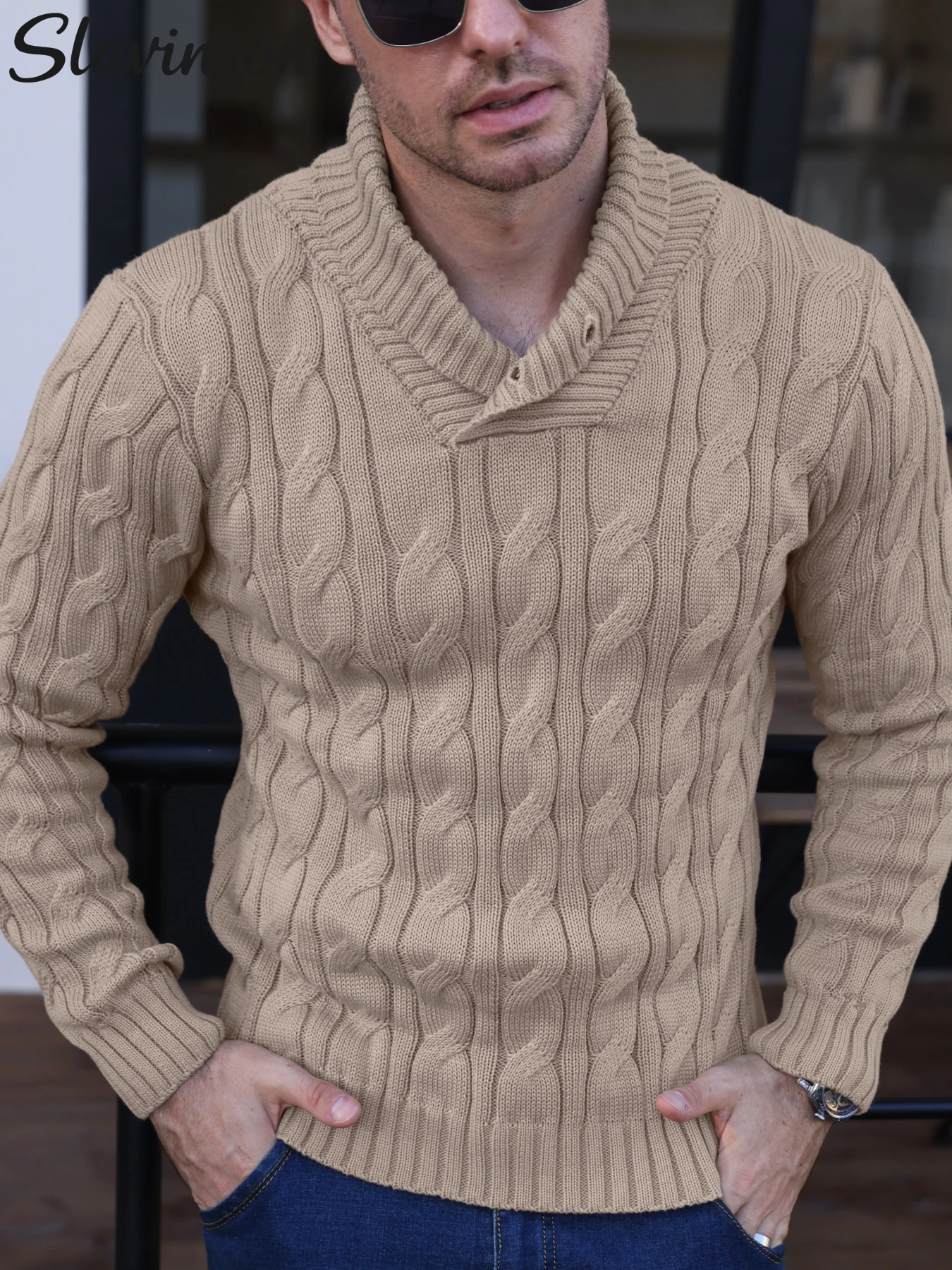 Ropa de otoño para hombre: camisa de punto texturizada con botones y solapa, cálida y cómoda para ir al trabajo