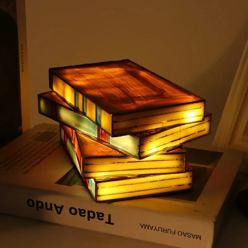 Vintage Stacked Books Lamp Decorative Handicraft Stacked Books Light Stained Glass Table Reading Light Nightstand Desk Lamps image 4