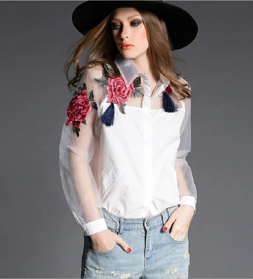 Blusa de manga larga con bordado de flores para mujer, camisa elegante de Organza, informal, talla grande, S-3XL