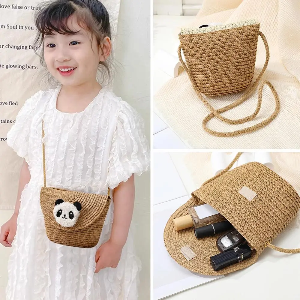 Summer Straw Children Crossbody Bag Handmade Small Shoulder Bag Travel Panda Coin Purse Beach