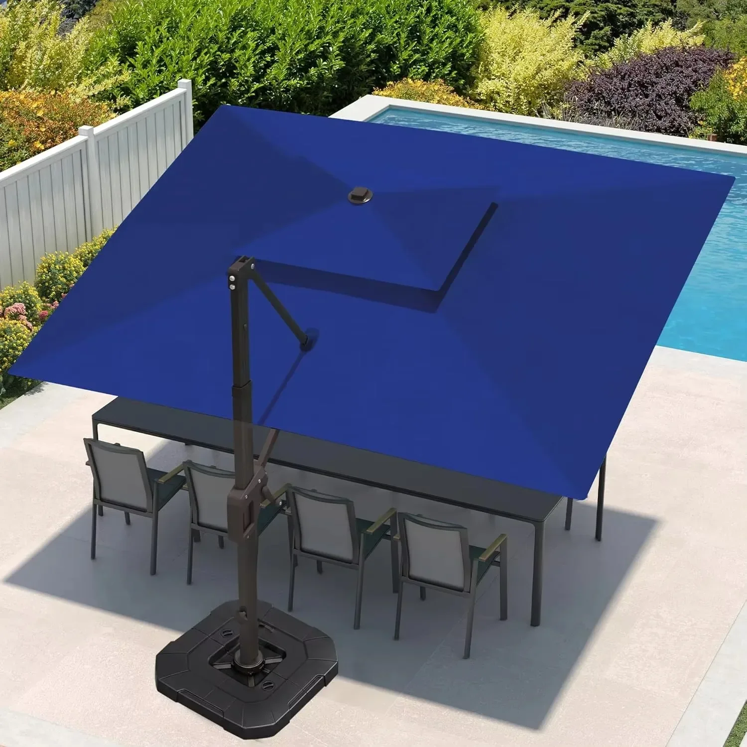 HOT 9x12 FT Double Top Rectangular Offset Umbrella with Base & LED Lights, Aluminum 7-Tilt 360° Rotation for Pool Garden Deck