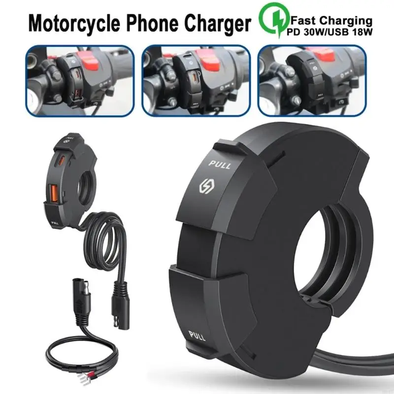 H8WE Quick Charging Socket SAE to USB & Type-C Charging Adapter Motorcycle Handlebar Power Outlet Motorbike Accessory