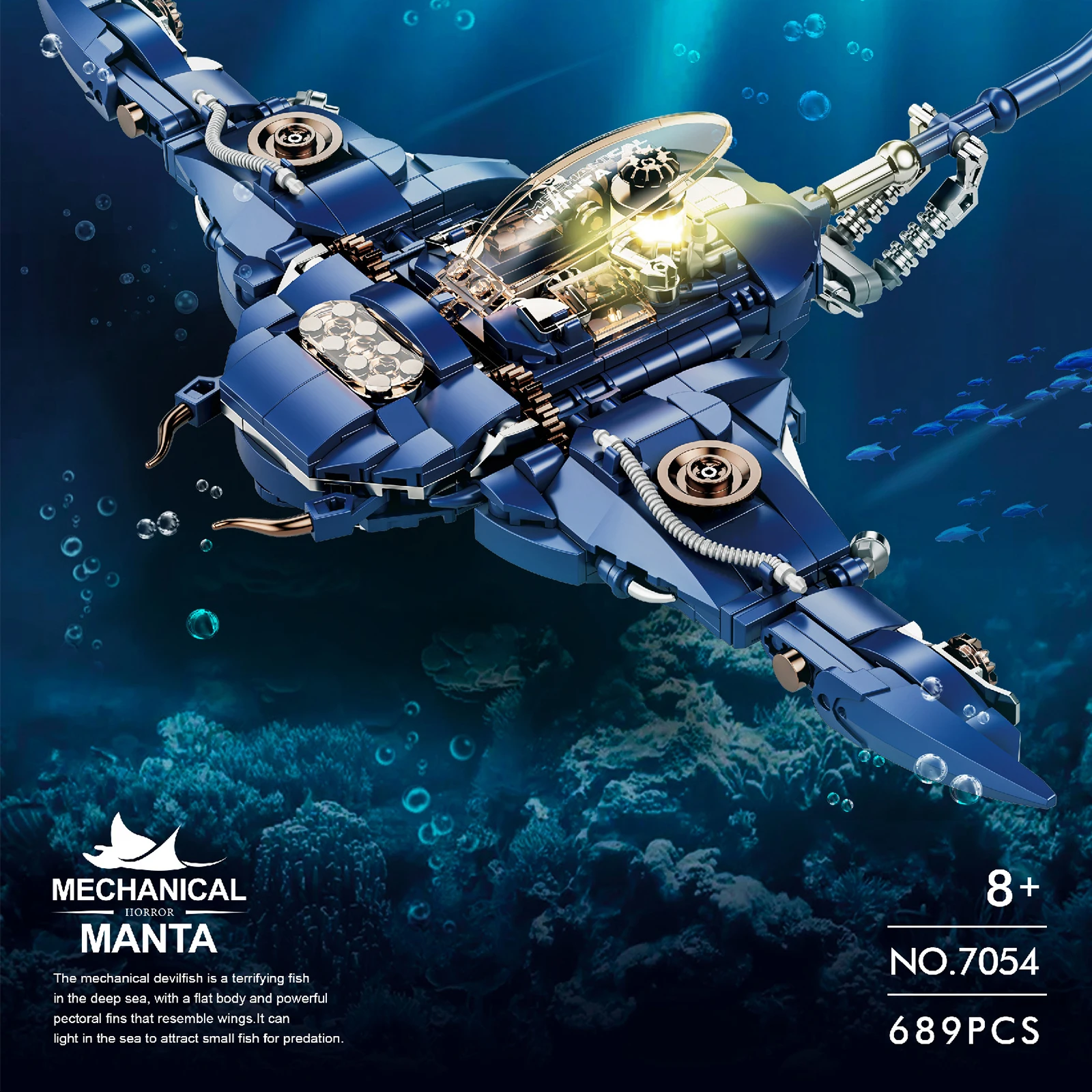 الميكانيكية مانتا الشيطان الأسماك بنة نموذج مع الإضاءة MOC المحيط الحيوان سلسلة الطوب مجموعة التجمع لعبة أطفال هدية 689 قطعة