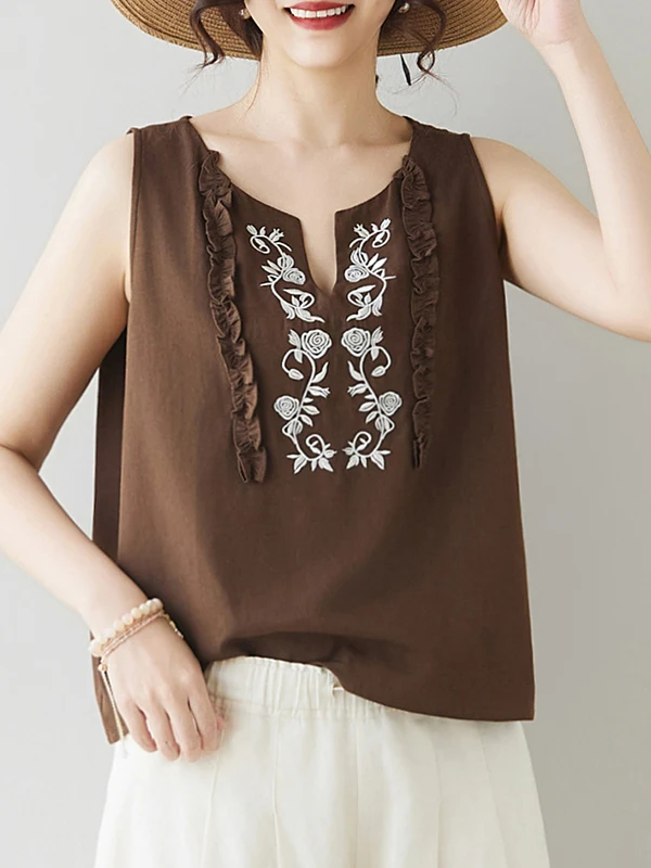 

Ladies' Casual Style Linen Sleeveless Embroidered Shirt Heavy Work Loose Fit V-Neck Versatile Top for Summer Season