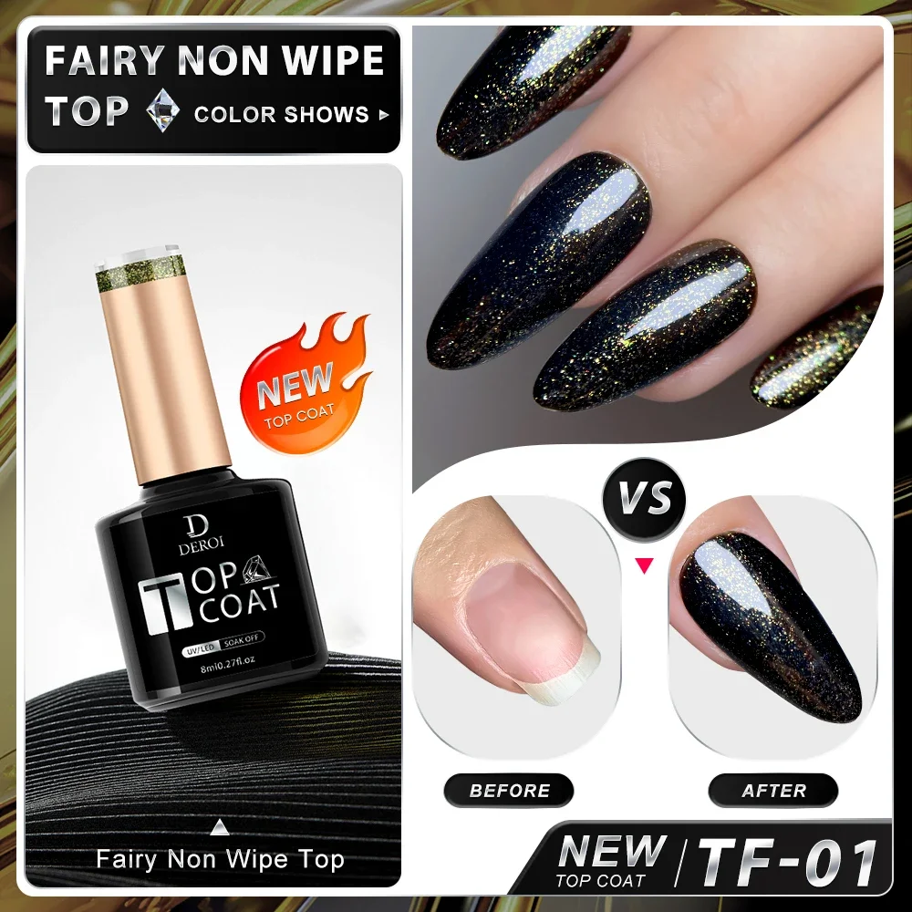 DEROI Glitter Geen Veeg Gel Top Coat Shine Topcoat Fairy Top Coat Vernis Losweken UV Ultra Wit Zwart Gel Polish Nail Art