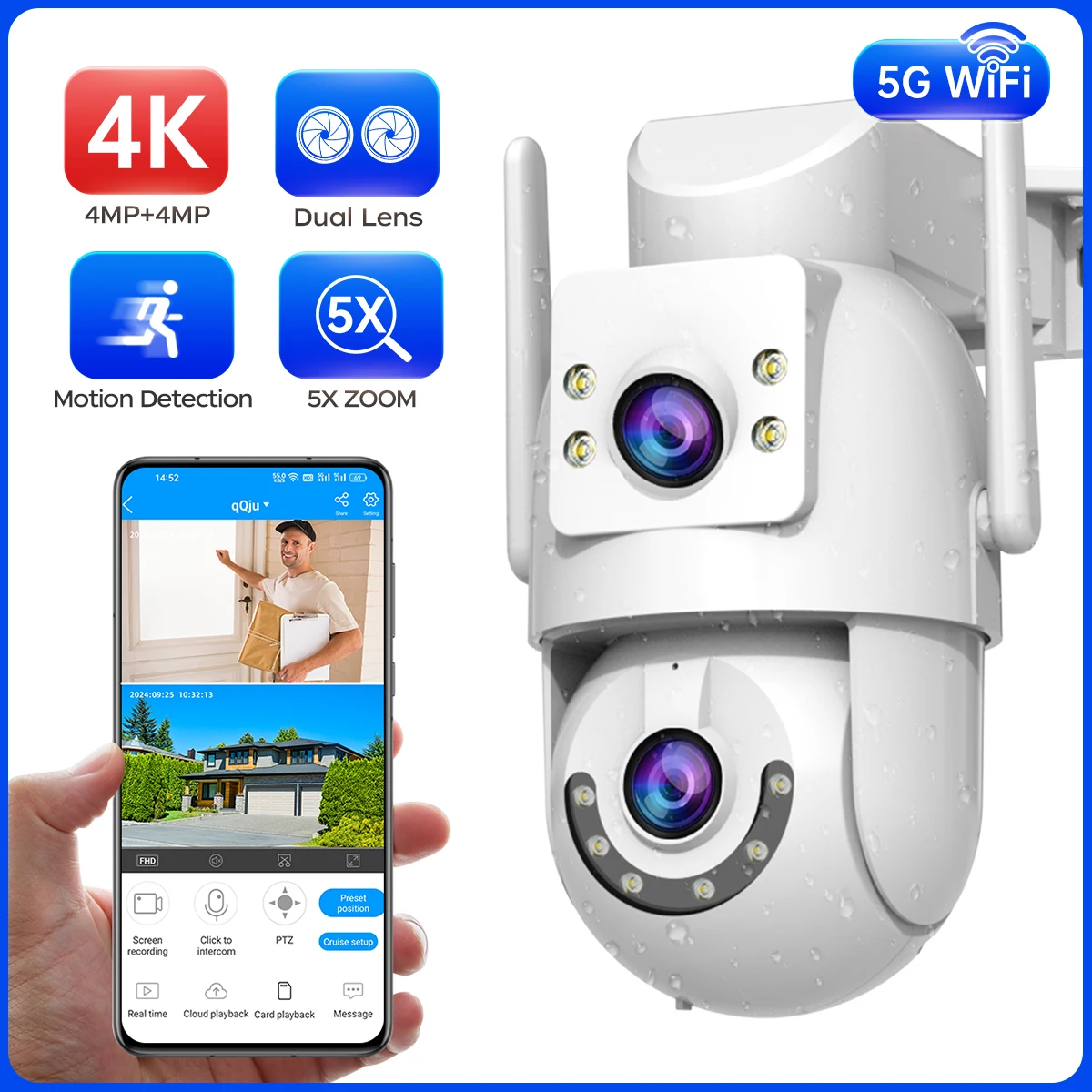 5K Wifi Surveillance Camera Outdoor Dual Lens Security PTZ IP Camera 5X Digital Zoom Auto Tracking Wireless CCTV Security Camera