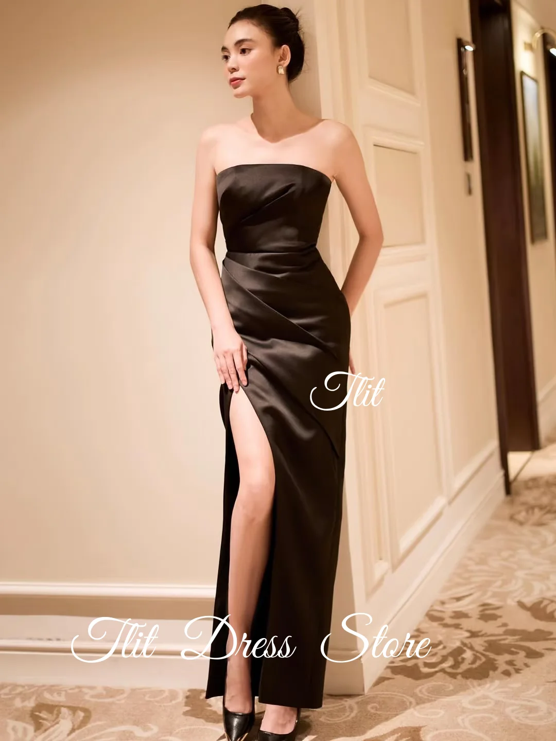 فساتين سهرة أنيقة من TLIT مصنوعة من الحرير الأسود والساتان حورية البحر فستان زفاف كوري لالتقاط الصور بدون حمالات فساتين حفلات مخصصة #4