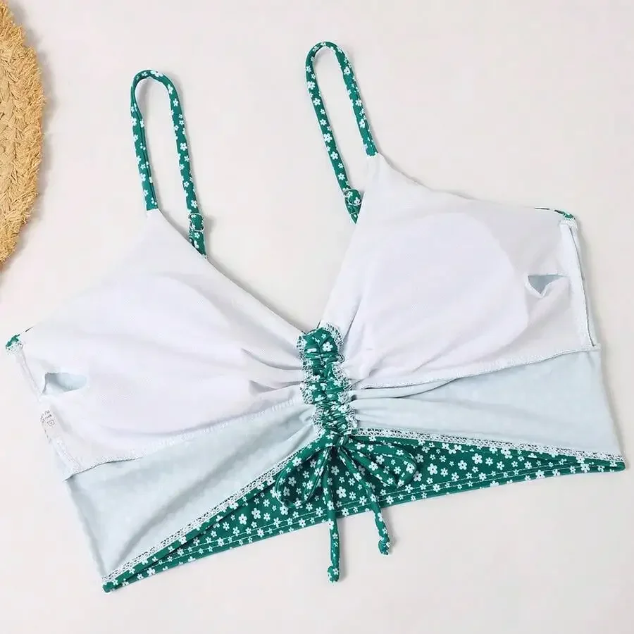 

Women Boho Floral Triangle Bikini Set With Scalloped Trim And Knotted Detail