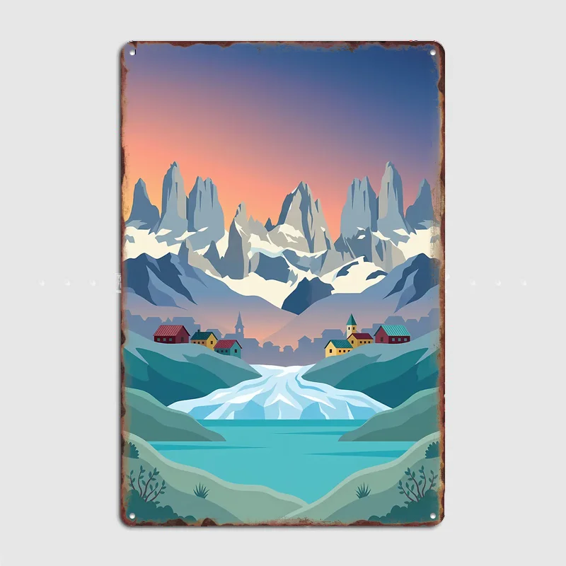 Mountain Village by a Glacier Lake Poster Metal Sign Life Wall Custom Bedroom Indoor Home Wall Decor Posters Room Decoration