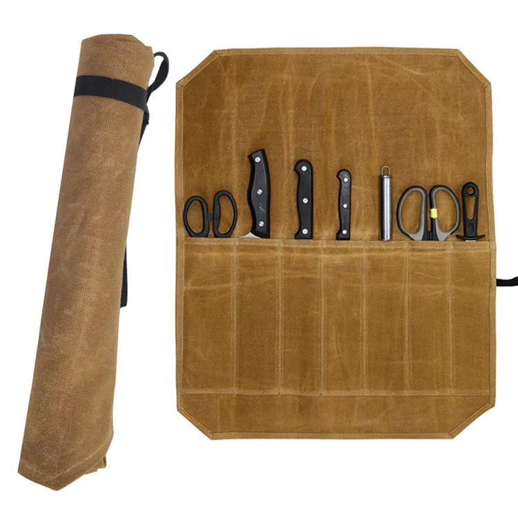 Wet Wax Canvas Chef Knife Roll Bag Knife Storage Bag Camping Barbecue Kitchen Portable Storage Bag Chef Bags File Roll Bags