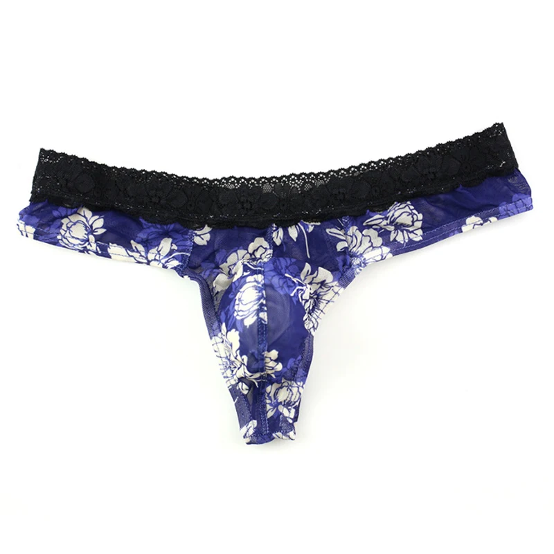 

Sexy Men Thongs Mesh Underwear Printed Summer G-String Lace Low Rise Breathable Transparent Underpants T-Back