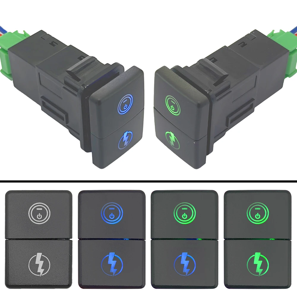 12V Car Dual Switches LED Light Bar Driving Symbol Push Button Switch Blue/Green With Connecting Wire ON/Off Switch For Toyota