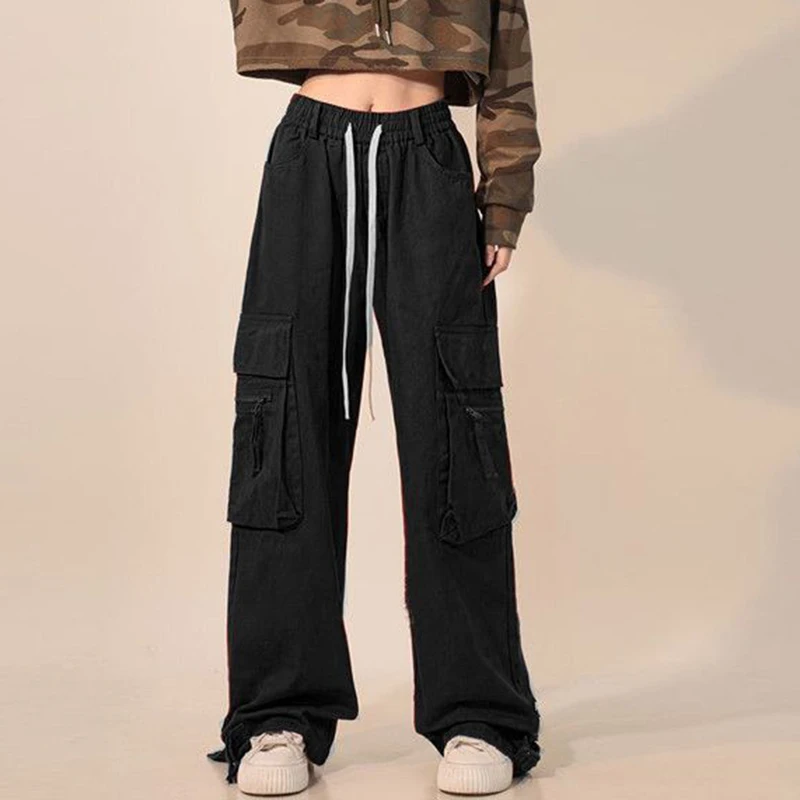 Gldyq Y2K Women Cargo Pants Vintage Hip Hop High Waist Trousers Korean Ladies Casual Retro Harajuku Big Pockets Wide Leg Pants