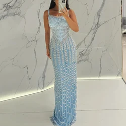 Luxury Evening Gowns 2025 Dubai Satin Sheath/Column Celebrity Dress Sky Blue Square Neck Rhinestone/Crystals Party Dress Long