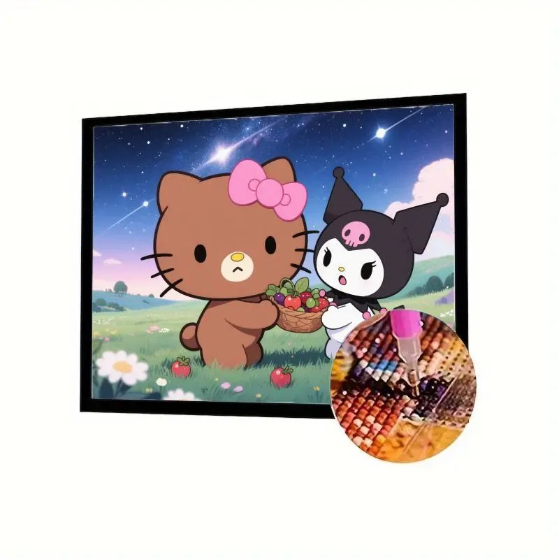 

1 шт. 5D набор алмазной живописи — милый коричневый Hello Kitty & Kuromi под звездным ночным небом и корзиной с фруктами — полная круглая дрель