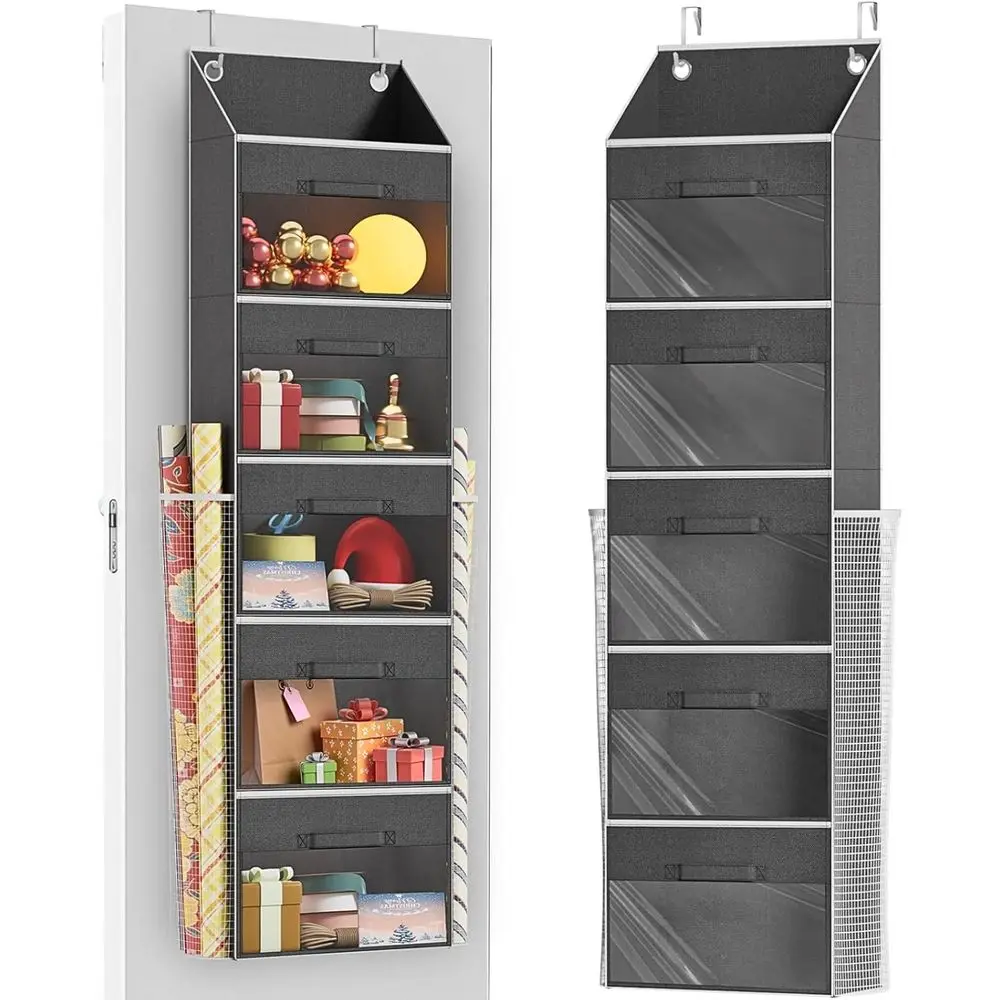 

Door Wrapping Paper Organizer Storage with 5 Removable Drawers & 2 Large Side Pockets for Gift Wrap Rolls, Ribbons, Bows, Orname