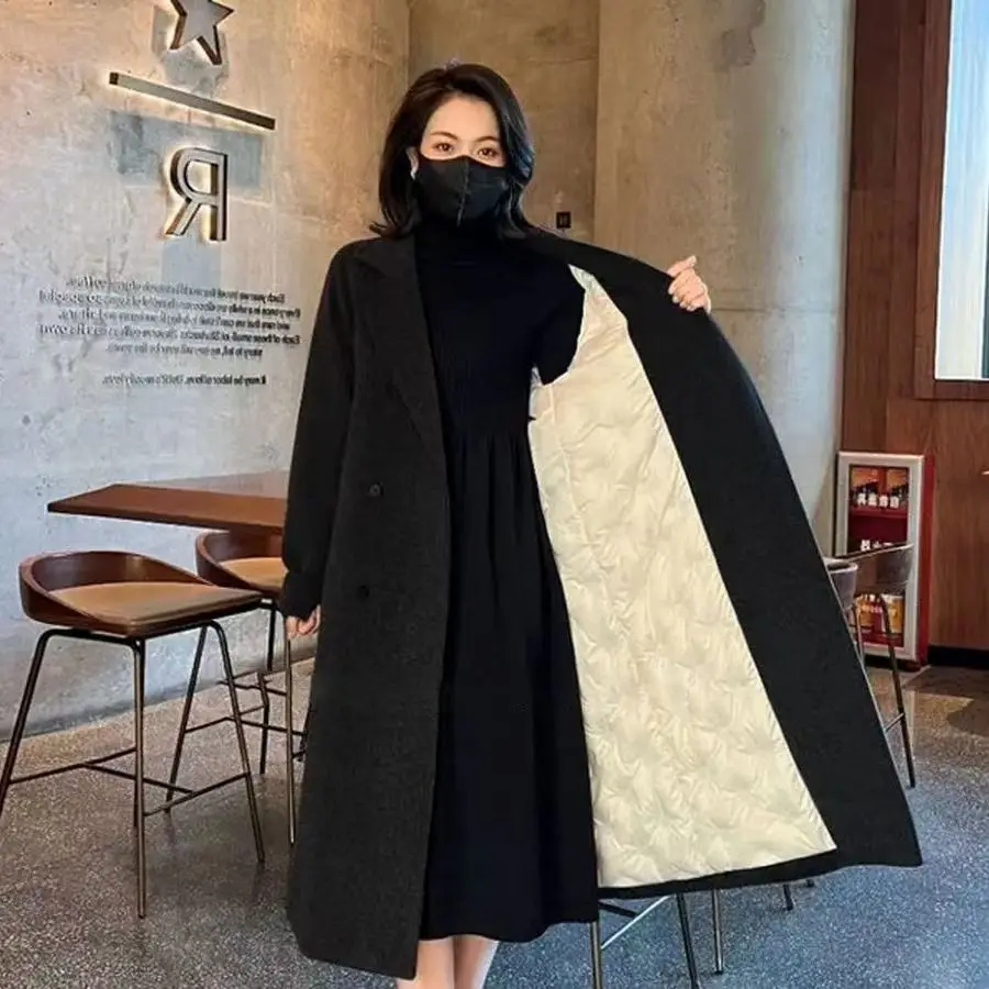 

2025 Plus Size Loose Fit Thick Wool Coat for Women Trendy Mid Length Fuzzy Woolen Overcoat with Blazer Collar Warm and Stylish