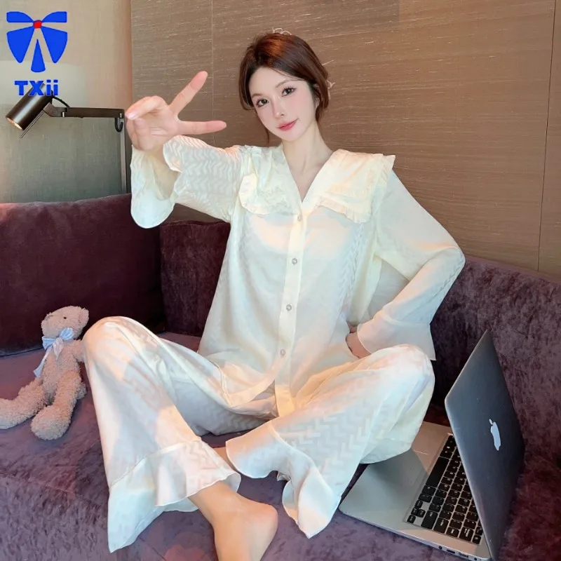 Spring and Autumn Ice Silk Long-sleeved Comfortable Thin Pajamas suit French High-end Outwear Home Clothes