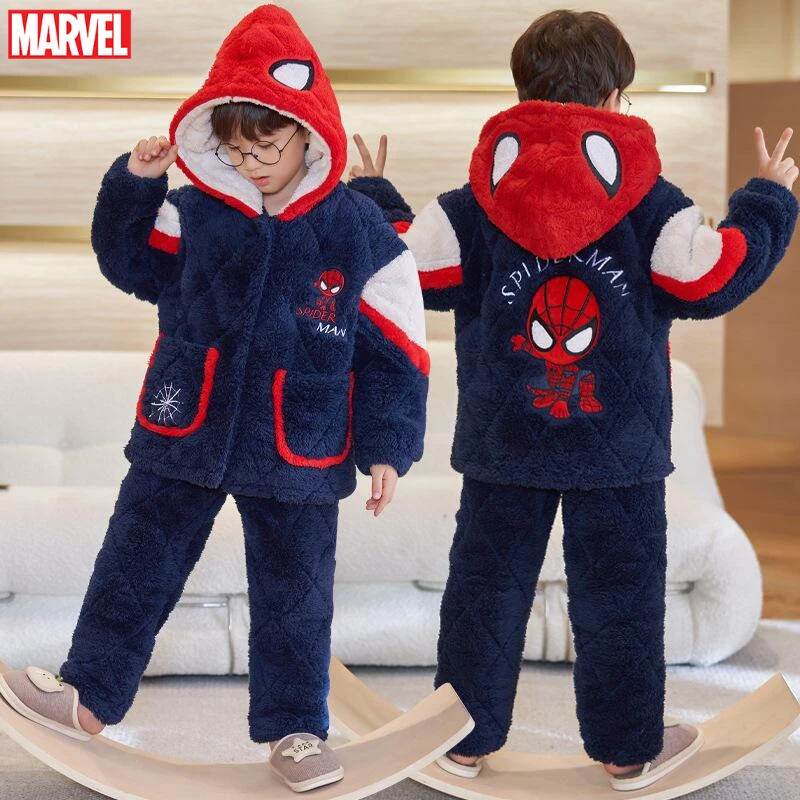 Marvel Spider Man Children Pajamas Sets Flannel Warm Hooded Women Men Winter Unisex Cartoon Pajamas Kid Christmas Birthday Gifts