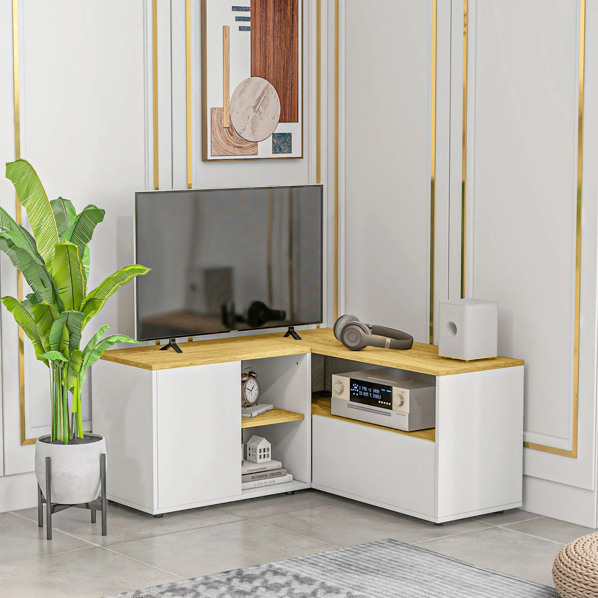 Mueble de TV Escandinavo Moderno con Amplio Espacio de Almacenamiento, Soporte de TV con Efecto Madera para Películas, Juegos, Libros y Entretenimiento en el Hogar