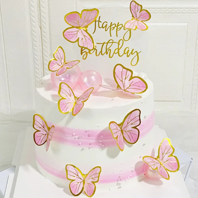 10/50Pcs Stamping Gold Pink Butterfly Cake Toppers Princess Girl Wedding Happy Birthday Party Dessert Cake Decor Butterfly