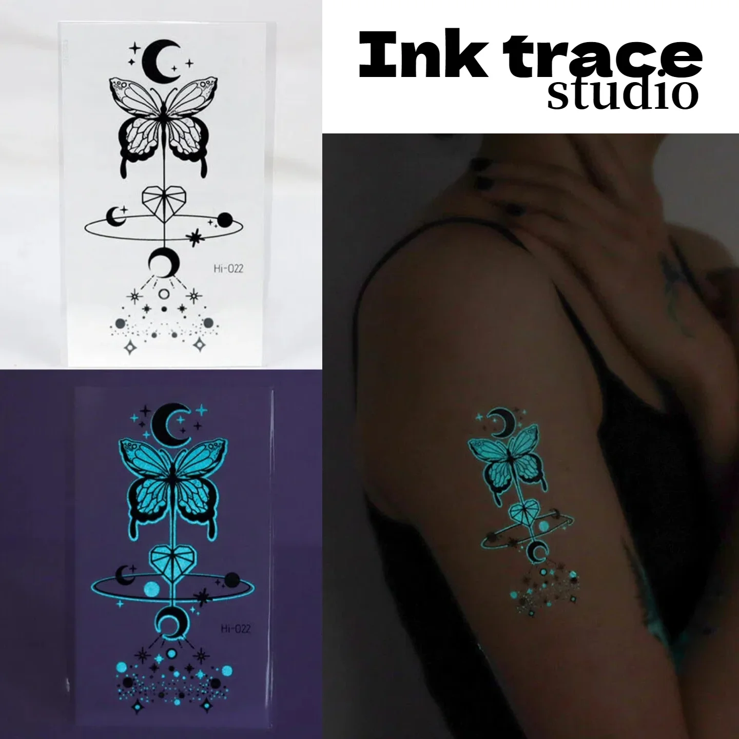 Pegatinas de tatuaje temporal impermeables para fiesta de música eléctrica, mariposa fresca, brillo azul