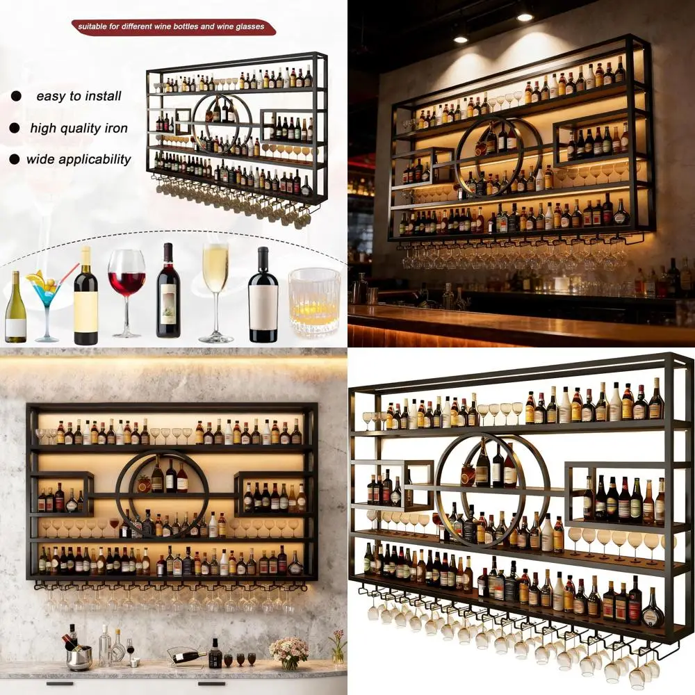 

Industrial Style Wall-Mounted Wine Rack with Glass Holder, 55.1in Black Metal Floating Shelves for Bar or Kitchen
