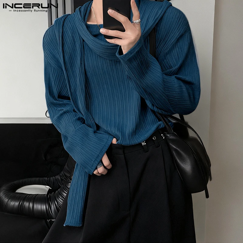 

INCERUN Мужская футболка однотонная с круглым вырезом и длинным рукавом на шнуровке повседневные мужские футболки уличная одежда свободные 2025 корейский стиль мужская одежда