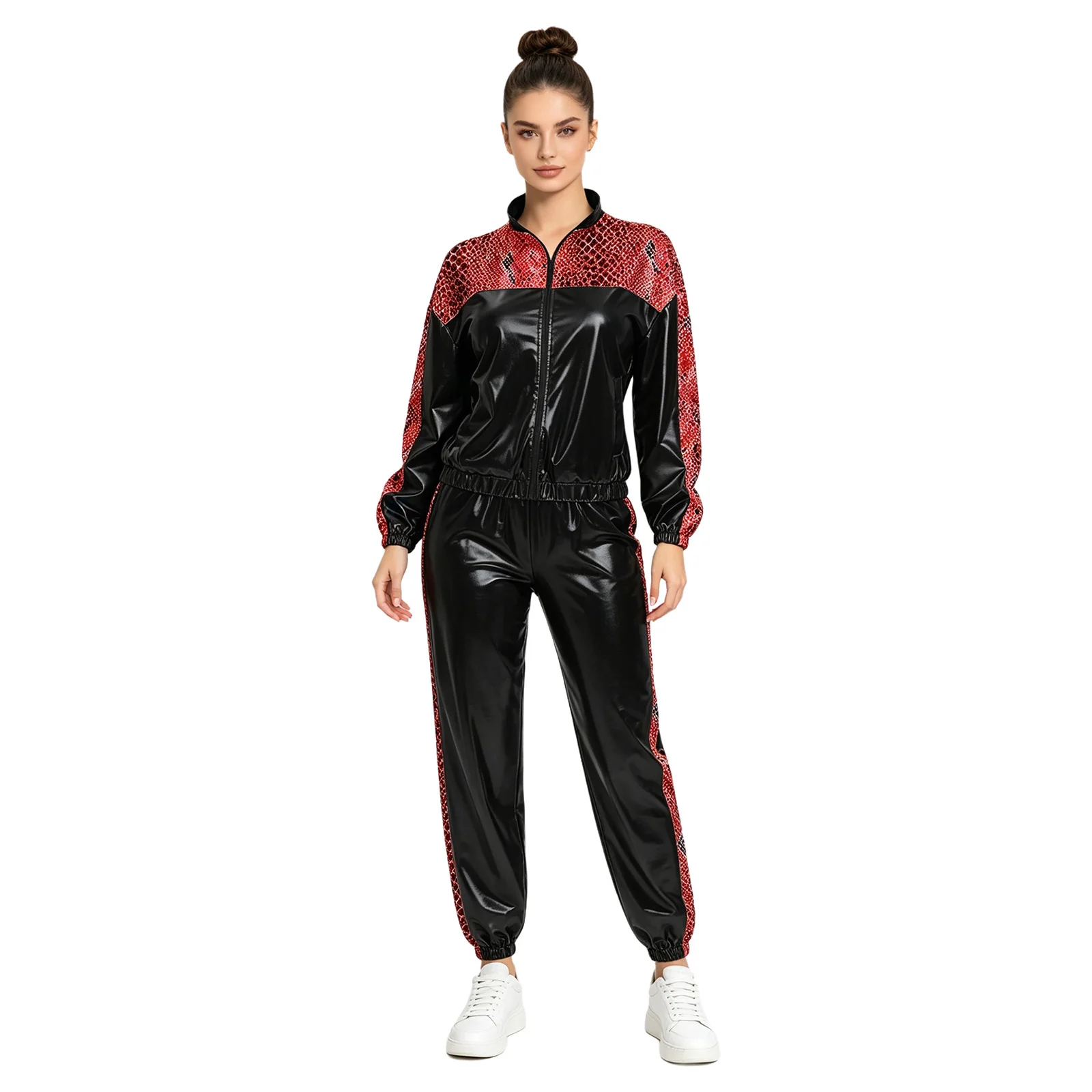 Damen Metallic Glänzendes Disco Hip-Hop Kostüm 80er Jahre Jazz-Tanz-Outfit Langarm-Jacke mit Frontreißverschluss und Jogginghose – Detail 9