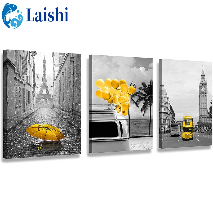 

3pcs Diamond Painting Gray, yellow, urban architectural landscape, Big Ben Set Hobby Art Full Drill Square Round Home Decoration