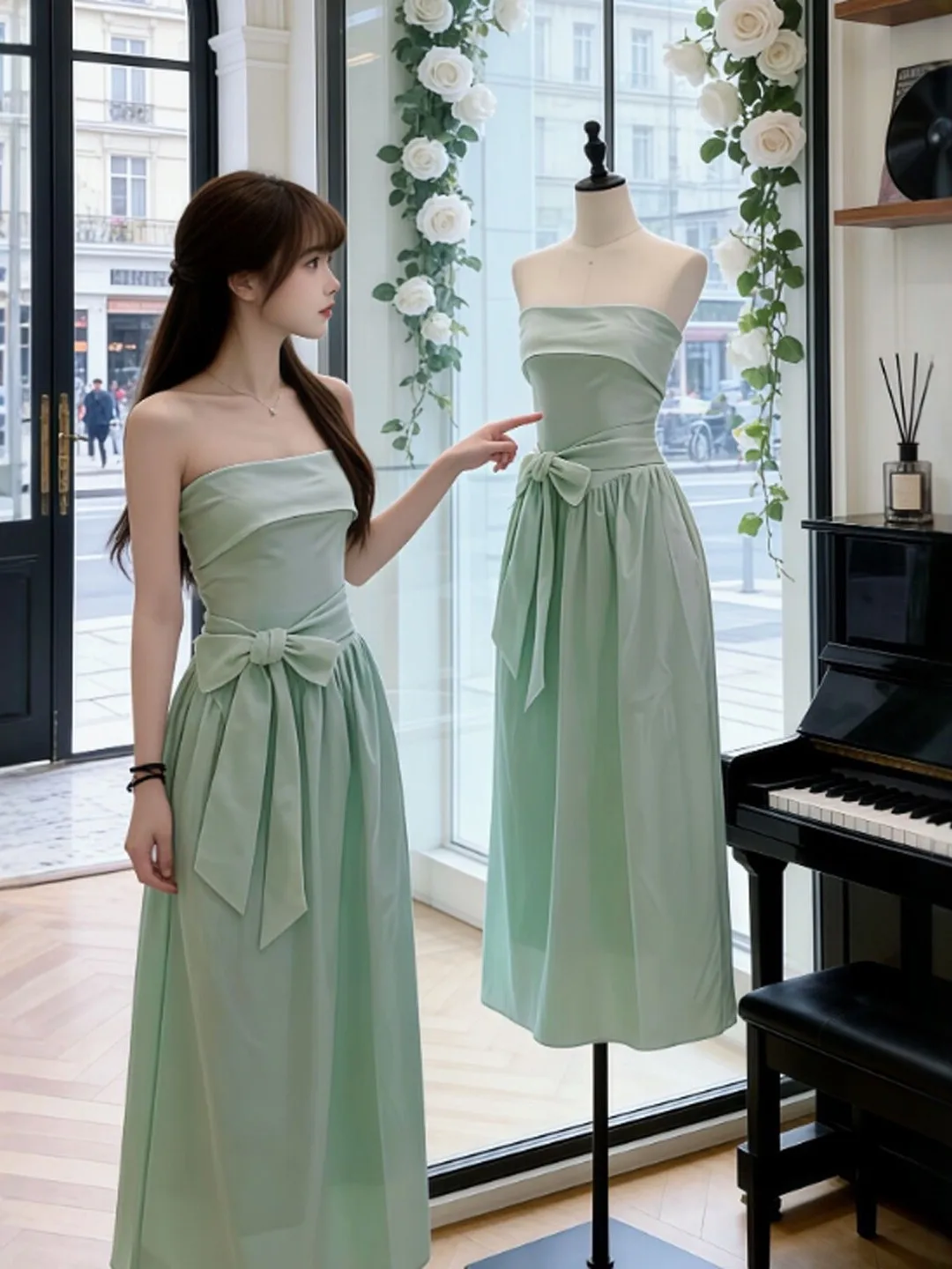 

Уникальное красивое зеленое длинное платье А-силуэта без бретелек для пляжного отдыха, с завышенной талией, летнее, из смесового хлопка, миди-платье