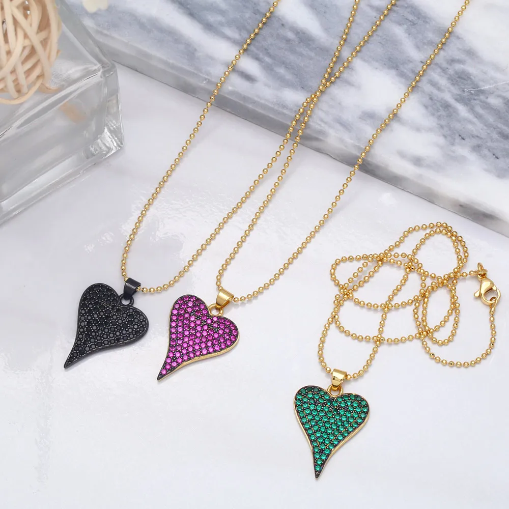 FLOLA Romantic Fuchsia Heart Necklace for Women Copper Zircon Gold Plated Beads Necklace Fashion Crystal Jewelry Gifts  nkeb117