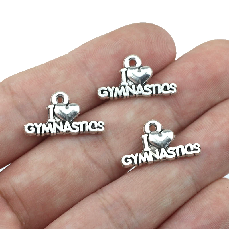 20 Pieces 11*20mm Antique Silver Plated I Love Gymnastics Charms Sports Metal Charm Wholesale