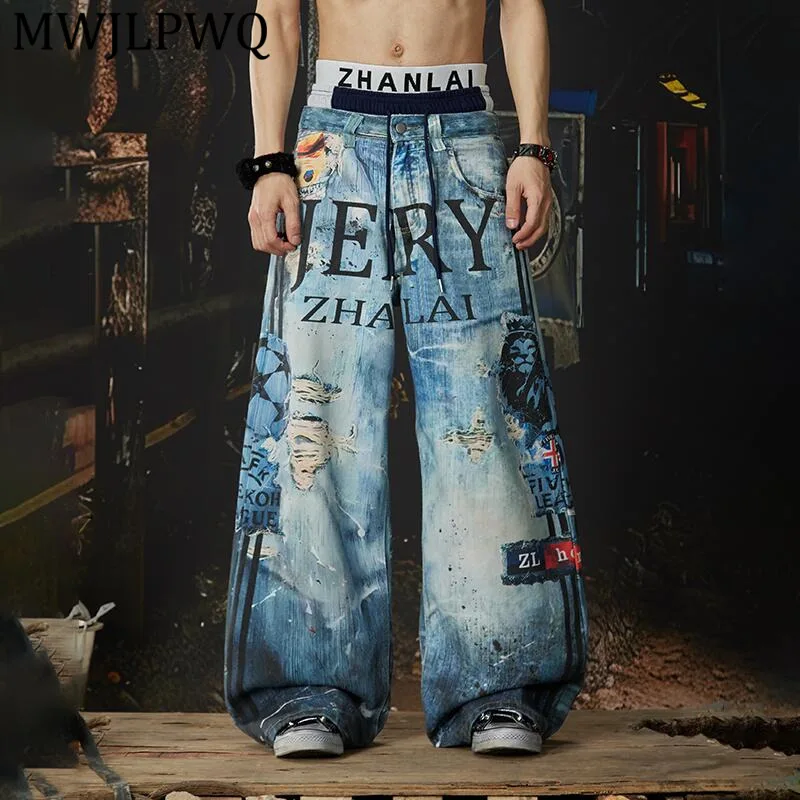 

MWJLPWQ Men's New Three-Waisted Printed Street Style Sports Jeans High Street Niched Drawstring Loose Wide-Leg Casual Pant 14157