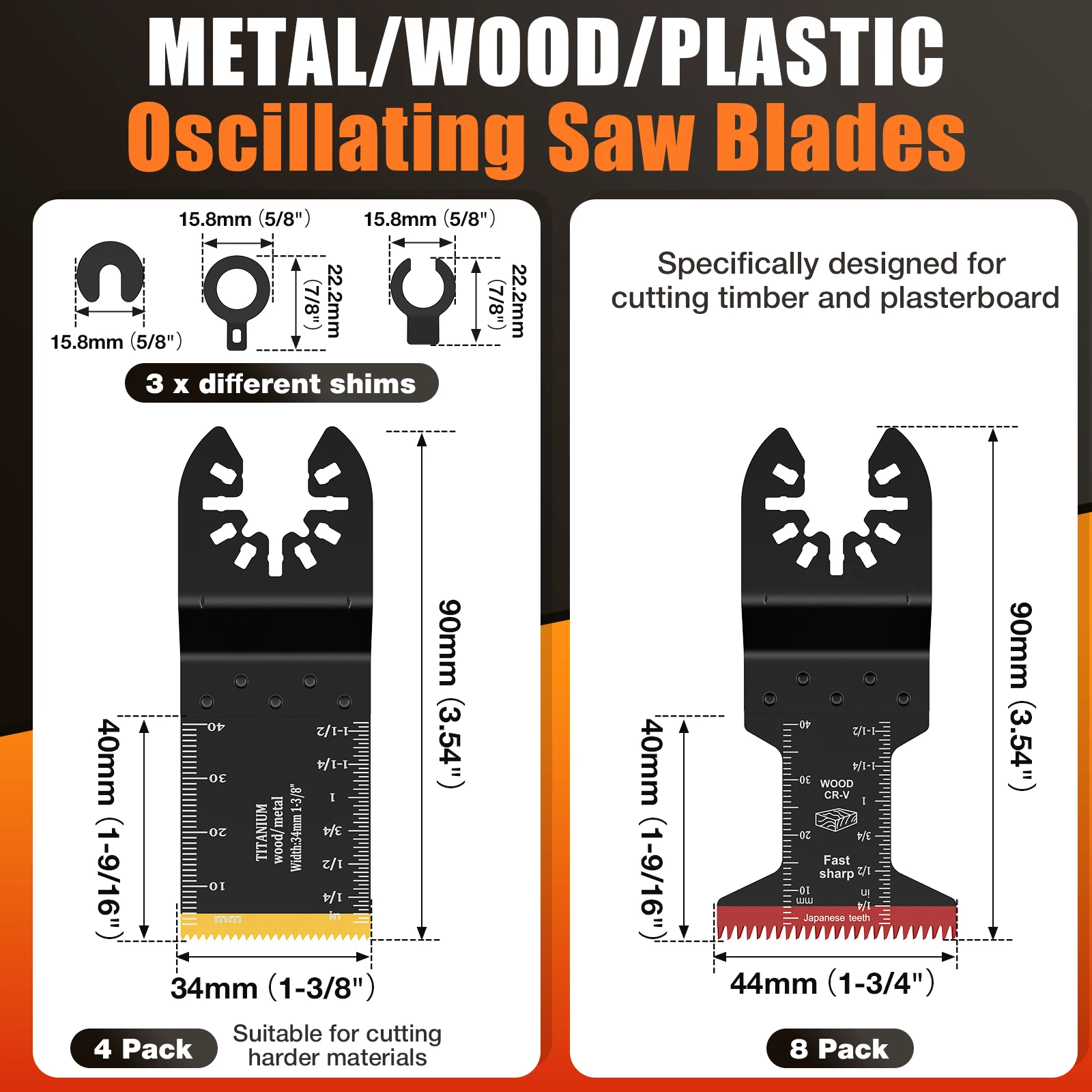 5/12Pcs Titanium Oscillating Saw Blades Set Universal CR-V Japanese Tooth Multi Tool Blades for Wood Plastic Nails with Adapters