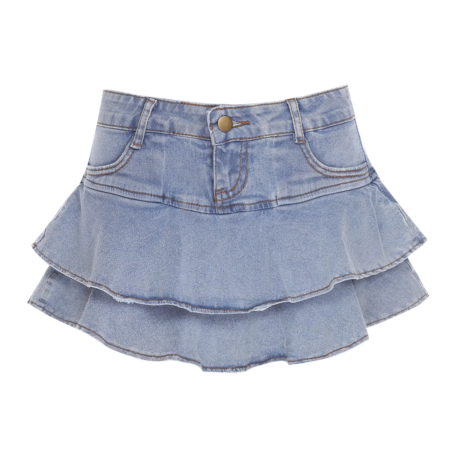 Women Fashion Denim Skirts Low Waist Tiered Ruffle Skirt with Belt Loops Built-in Shorts A-line Skirts for Casual Street Party