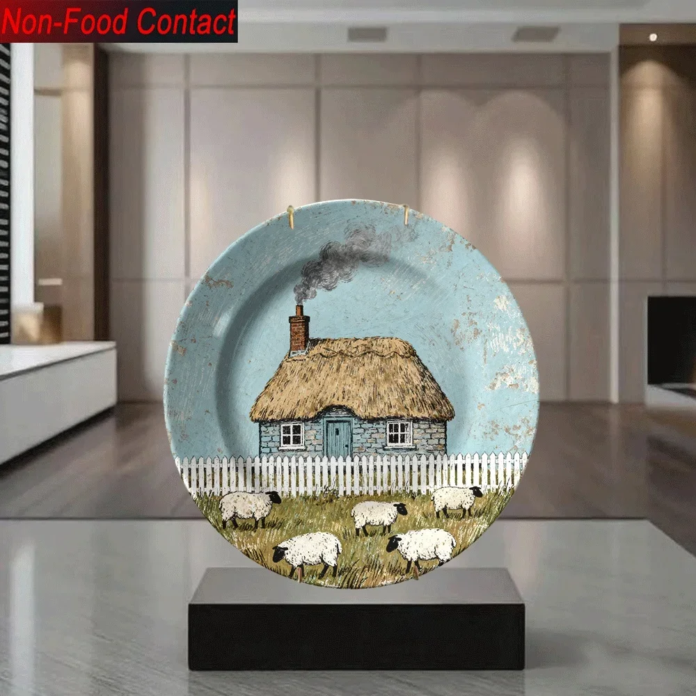 2D Flat, 1pc Ceramic Decorative Plate, Non-Food Contact Pure Decoration, Pastoral Style Thatch House Sheep Pattern Home Desktop