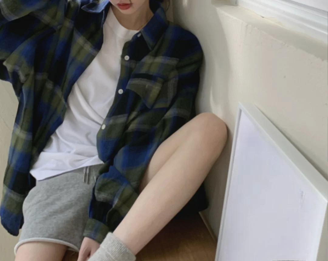 

NUOMICI Korean Popular Women Clothes Green Striped Long-sleeve Plaid Shirt Loose Casual Jacket Women's Top New Outerwear Christm