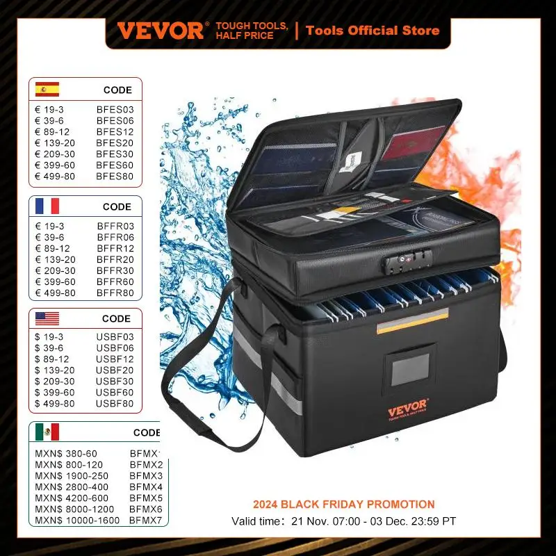 VEVOR Fireproof Document Box with 3 Storage Layers Fireproof Document Bag for Wallet Money Storage Passport Documents Bank File