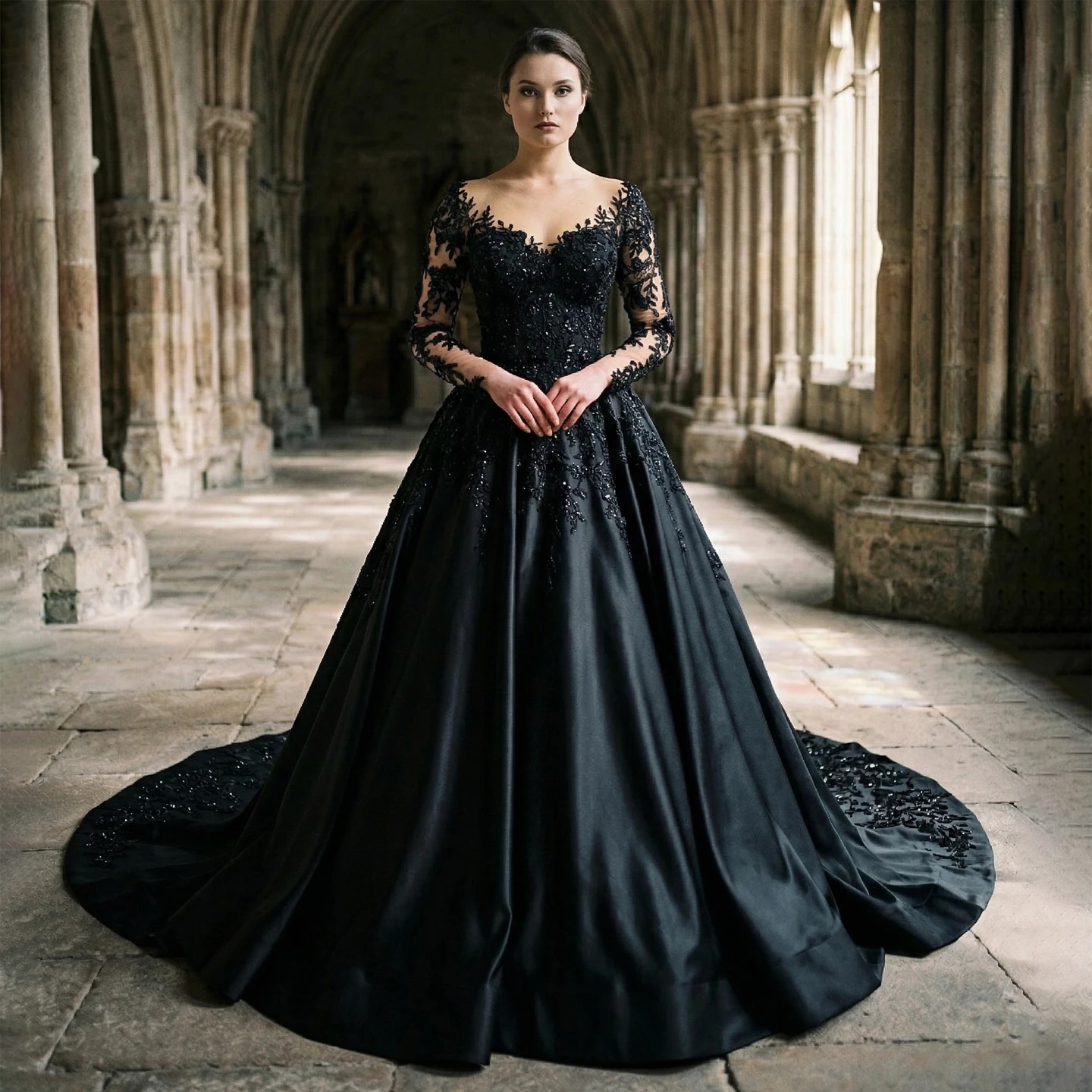 

Sharon Said Luxury Black Gothic Wedding Dress Vintage Long Sleeve Beaded Satin Ball Gown Plus Size Bride Gowns SW559 Customized