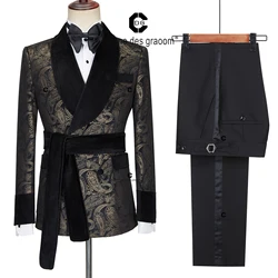 Cenne Des Graoom – costume pour hommes, costume, smoking Paisley pour mariage, Double boutonnage, veste à revers en velours, 2 pièces avec ceinture, nouvelle collection 2023