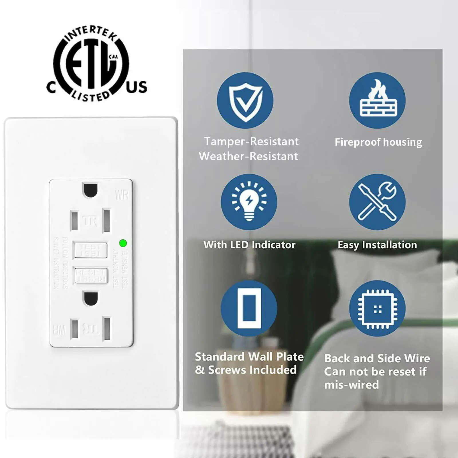 15A/125V Tamper Resistant GFCI Outlet Residential and Commercial Grade Power Socket ETL Certified Safty Outlets White